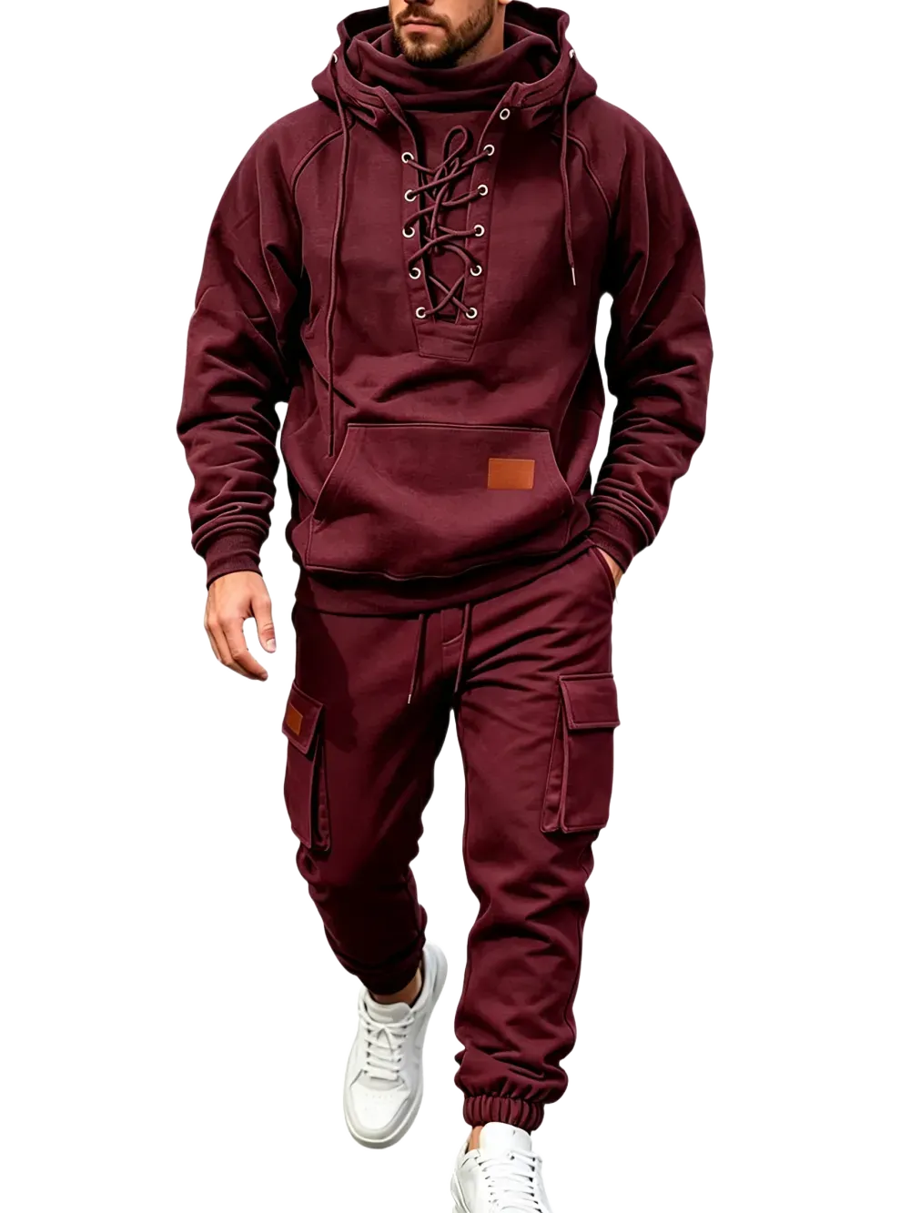 Men's Chest Tie‐Up Hoodie And Multi‐Pocket Ankle‐Cuffed Joggers