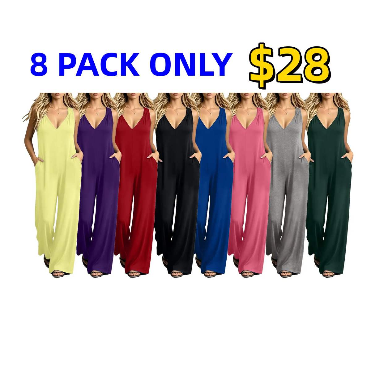 Plus-size women's V-neck jumpsuit featuring pockets and a casual strap design.