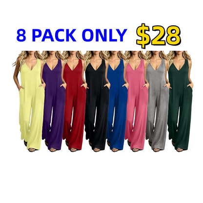 Plus-size women's V-neck jumpsuit featuring pockets and a casual strap design.