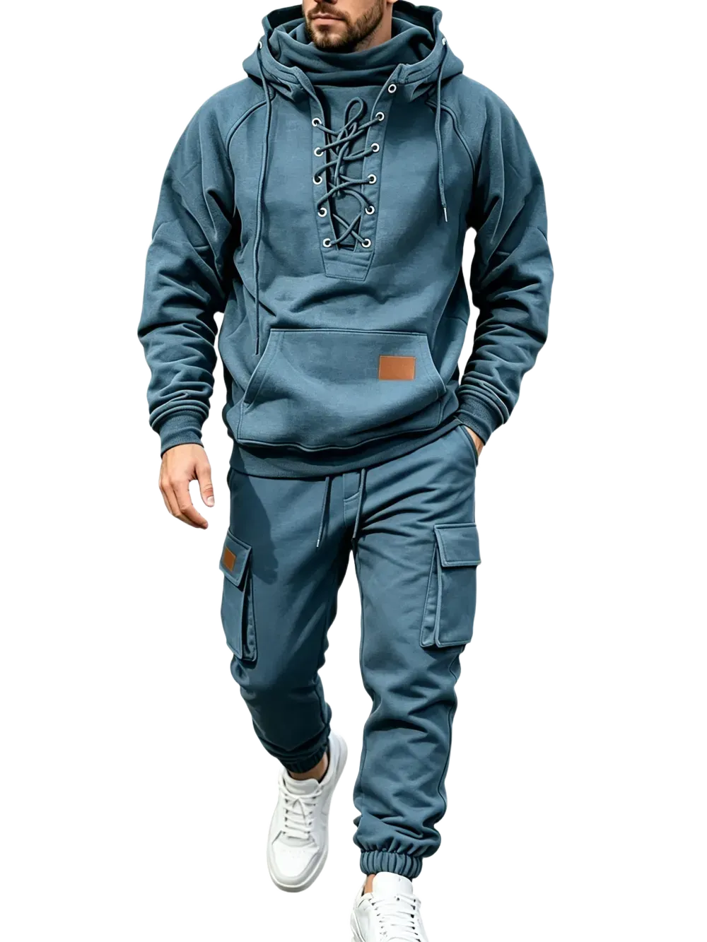 Men's Chest Tie‐Up Hoodie And Multi‐Pocket Ankle‐Cuffed Joggers