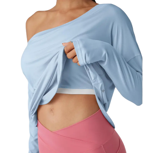 Women's Long-Sleeve Off-Shoulder Athletic Top with Curved Hem and Built-in Bra