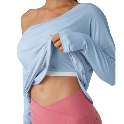 Women's Long-Sleeve Off-Shoulder Athletic Top with Curved Hem and Built-in Bra