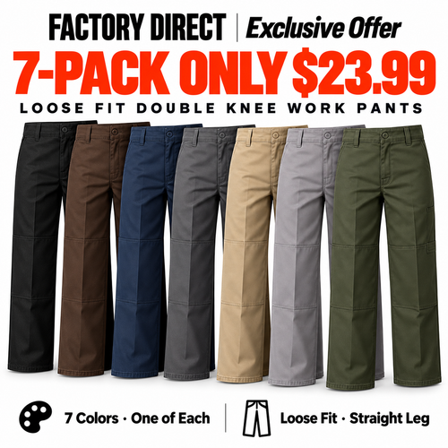 Men's Loose Fit Double Knee Work Pants — 7 Pairs for $23.99