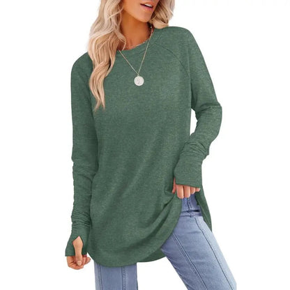 Women's Casual Long Sleeve Tops Crew Neck Round Hem Loose T-Shirts Tunic Tops with Thumb Holes