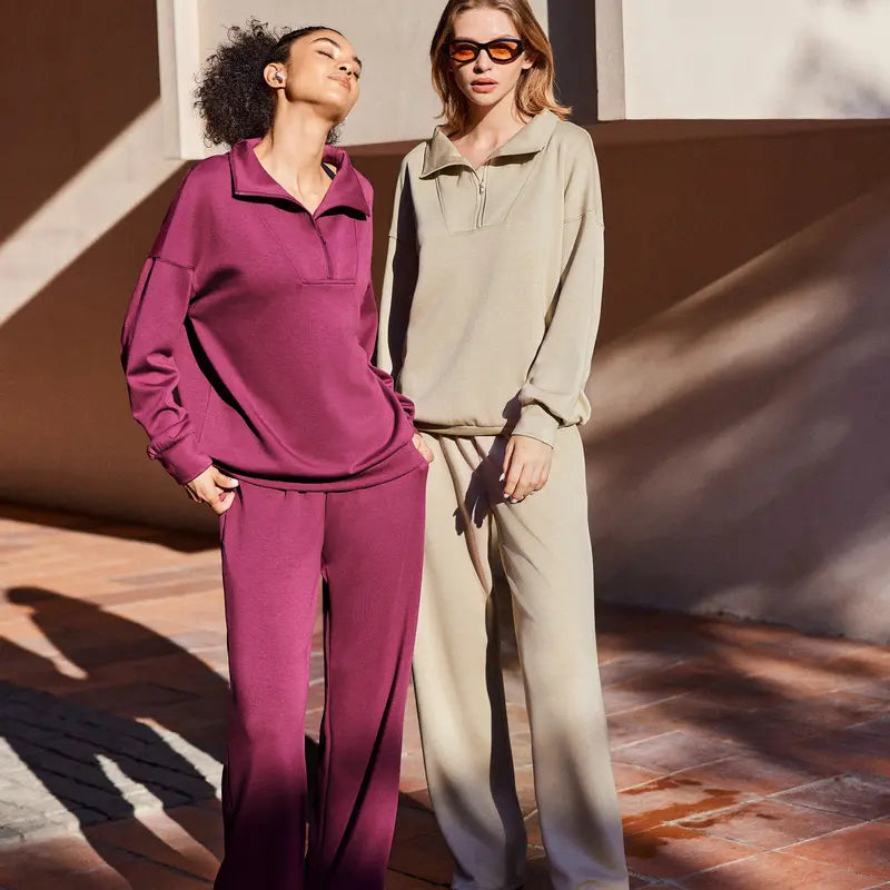 Women's Cotton-Blend Lightweight Relaxed-Fit Half-Zip Tracksuit Set