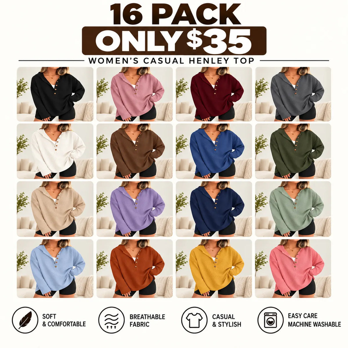 Women's Oversized Button V-Neck Hoodie Sweatshirt Long Sleeve Side Slit Casual Fall Pullover Top