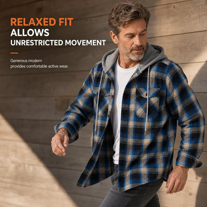 Men's Plaid Zip Up Hoodie Loose Fit American Style Brushed Hooded Sweatshirt