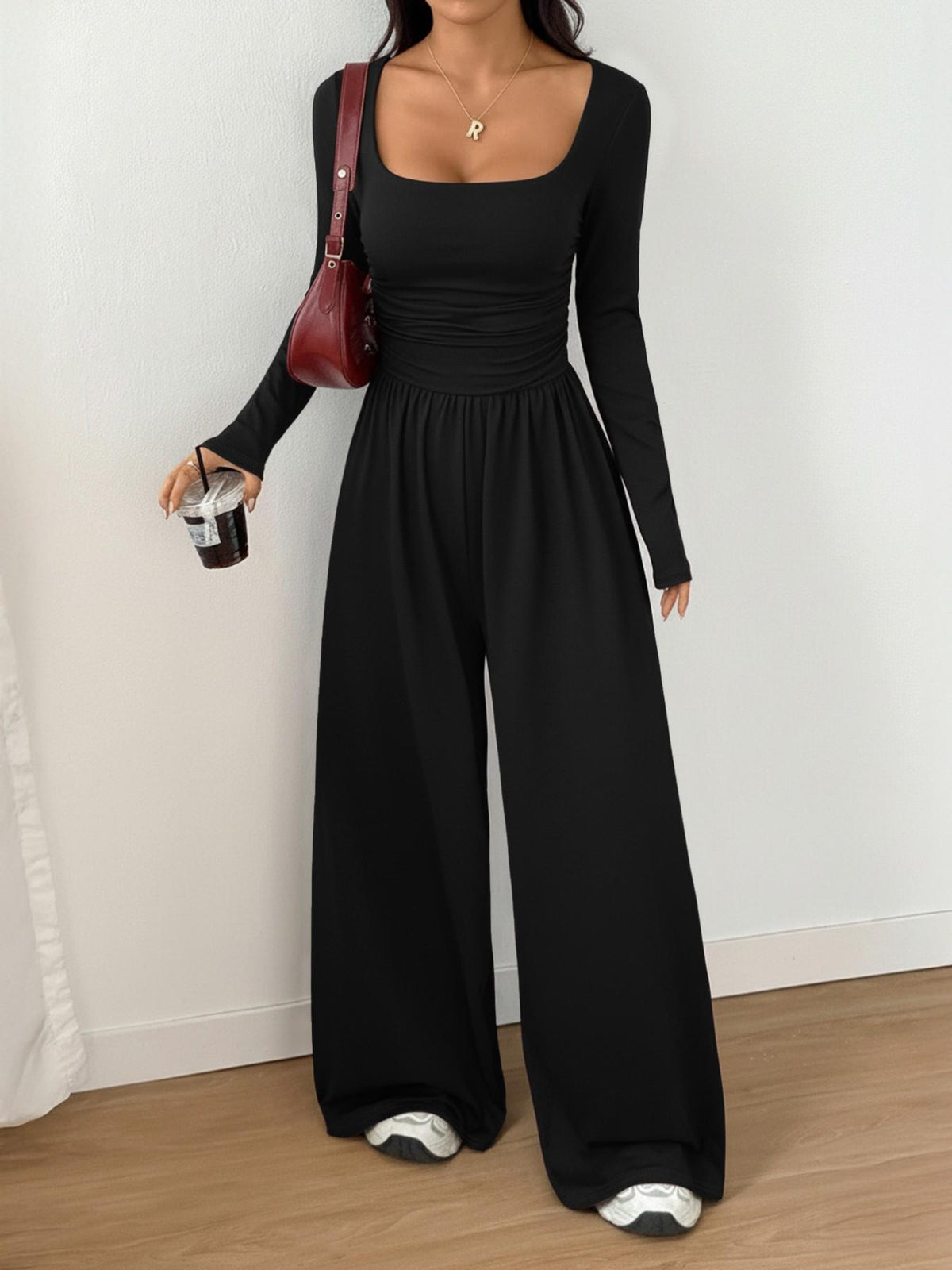 Women's 100% Cotton Long Sleeve Knit Wide-Leg Jumpsuit with Pockets