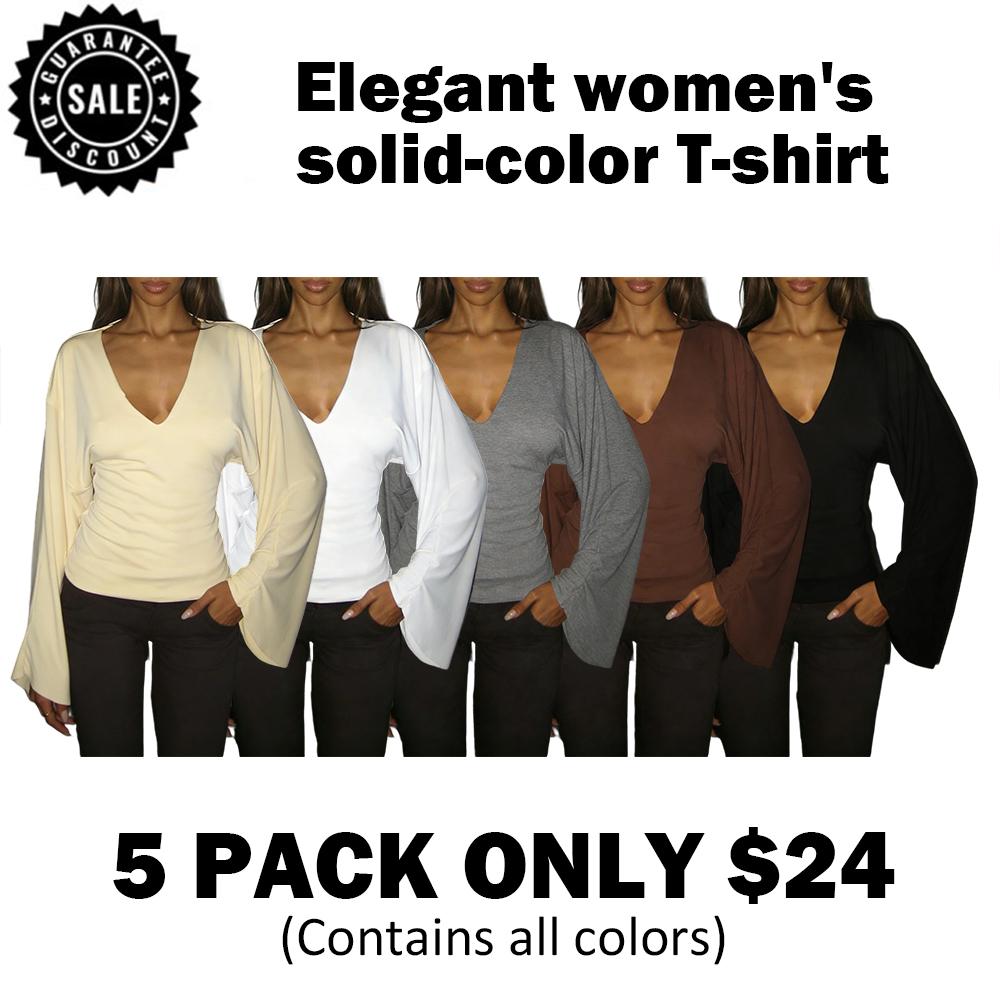 Elegant women's solid-color long-sleeved T-shirt, featuring a sexy deep V-neck and a slim-fit design