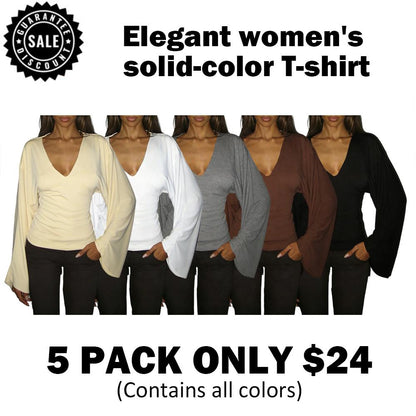 Elegant women's solid-color long-sleeved T-shirt, featuring a sexy deep V-neck and a slim-fit design