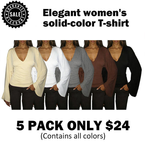 Elegant women's solid-color long-sleeved T-shirt, featuring a sexy deep V-neck and a slim-fit design