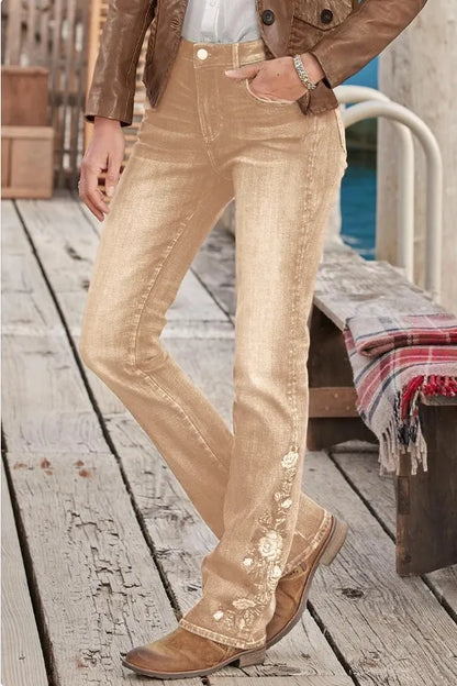 Mid-waist bootcut jeans with floral embroidery