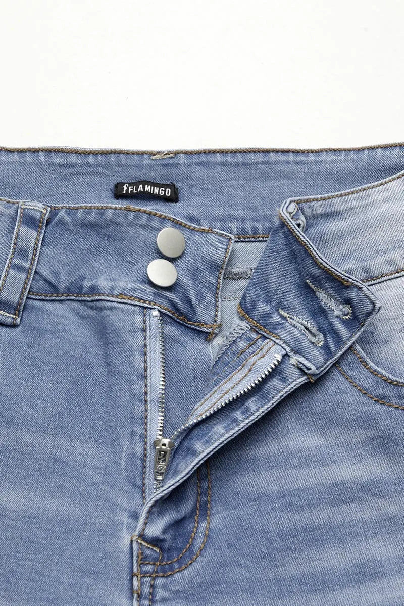 Double Button Mid Waist Straight Leg Jeans