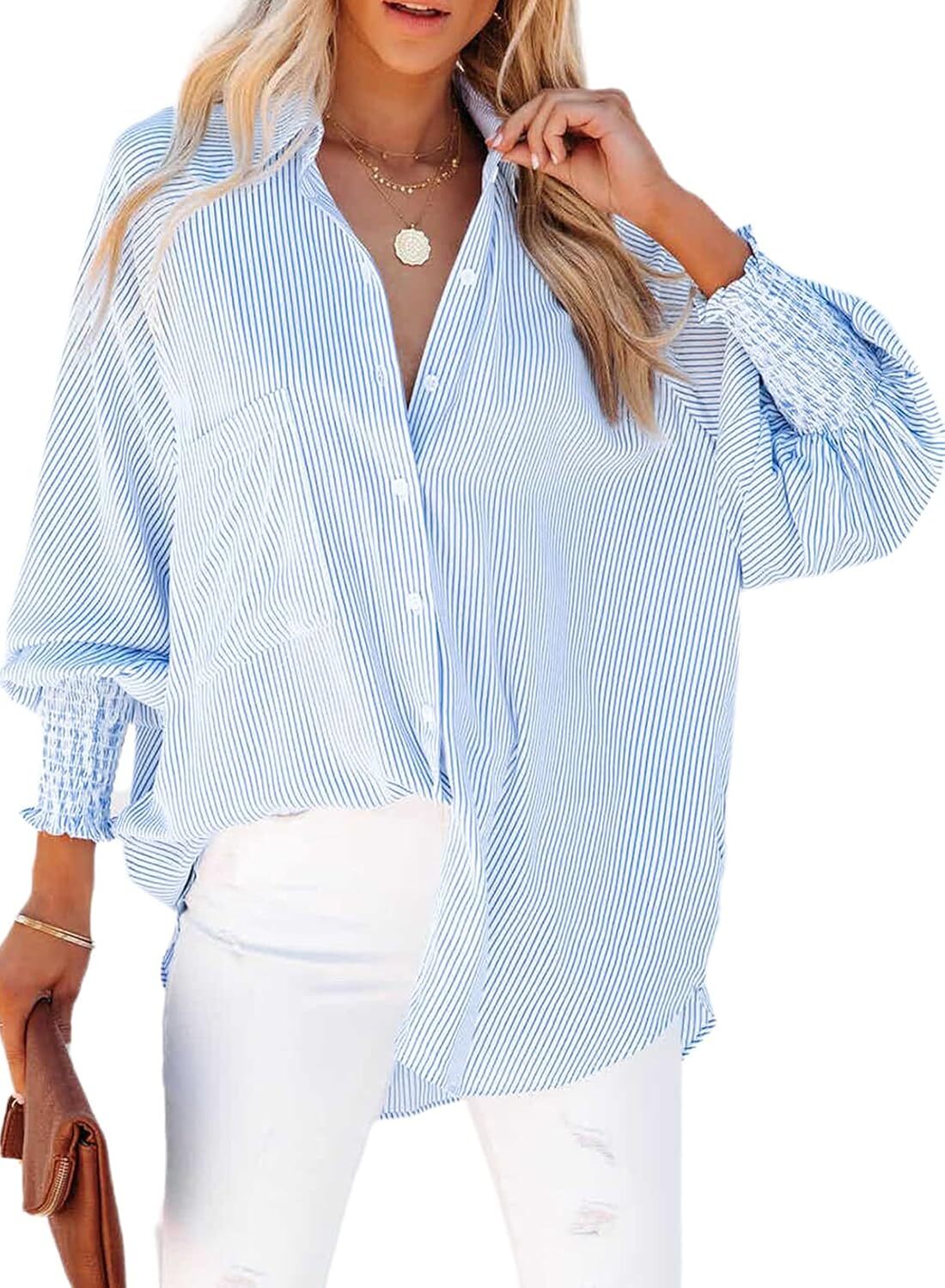 Women's Striped Oversized Button Down Shirt | Casual Long Sleeve Top