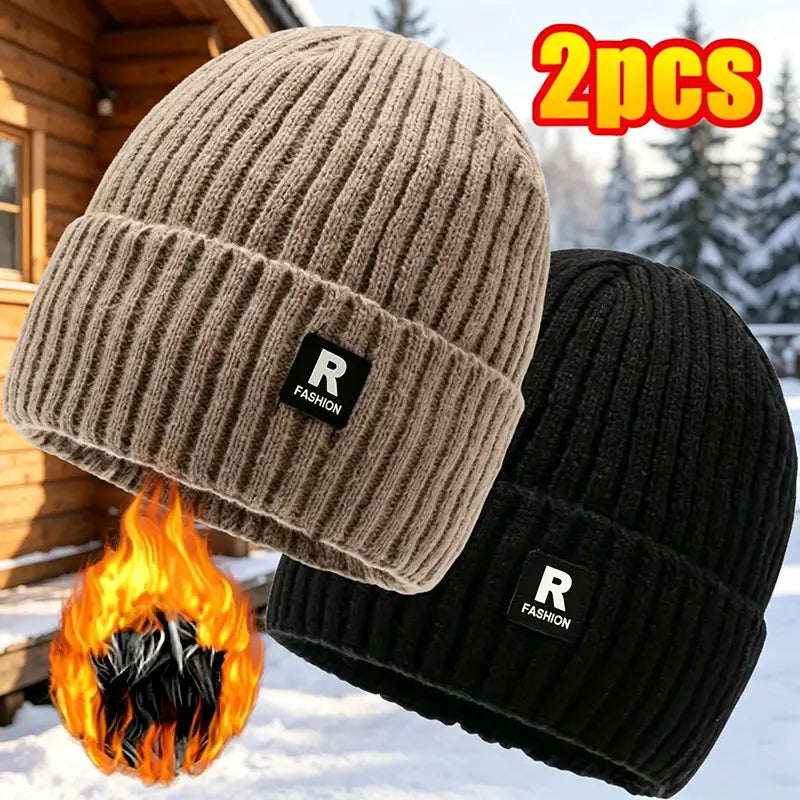 2-Pack Men's Fleece-Lined Knit Beanies, Warm Cuffed Winter Hats