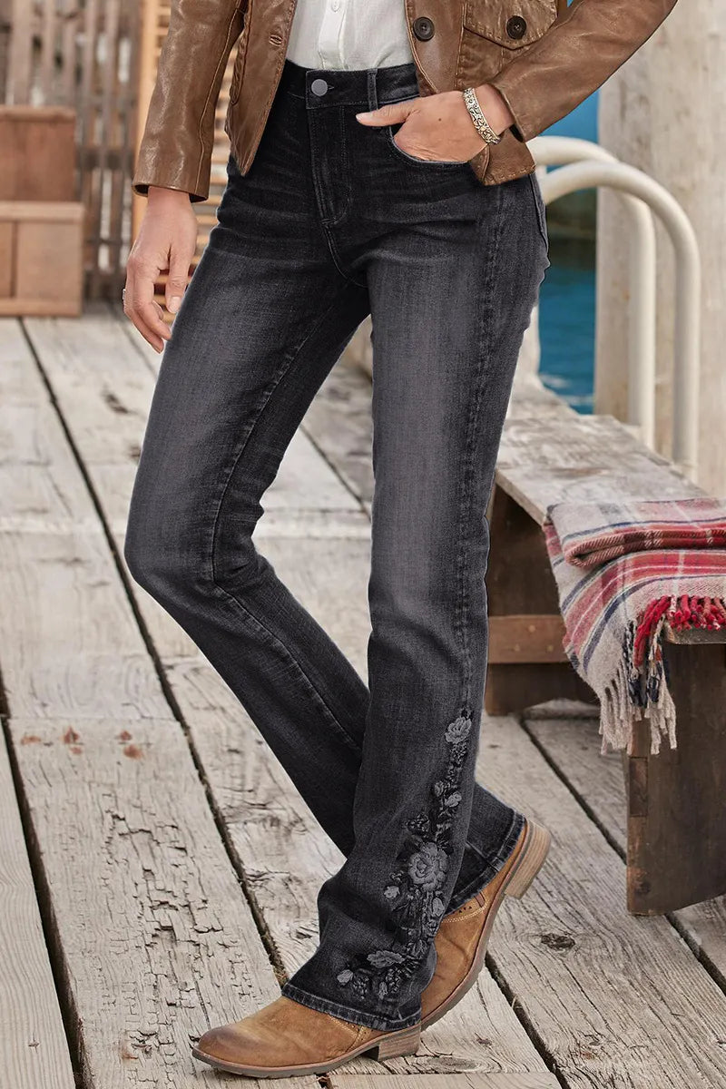 Mid-waist bootcut jeans with floral embroidery