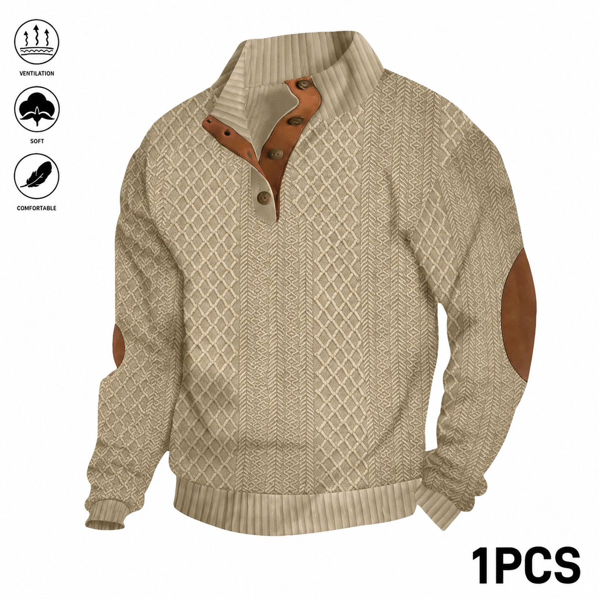 Men's Jacquard Stand Collar Long Sleeve Henley Tops 3-Pack