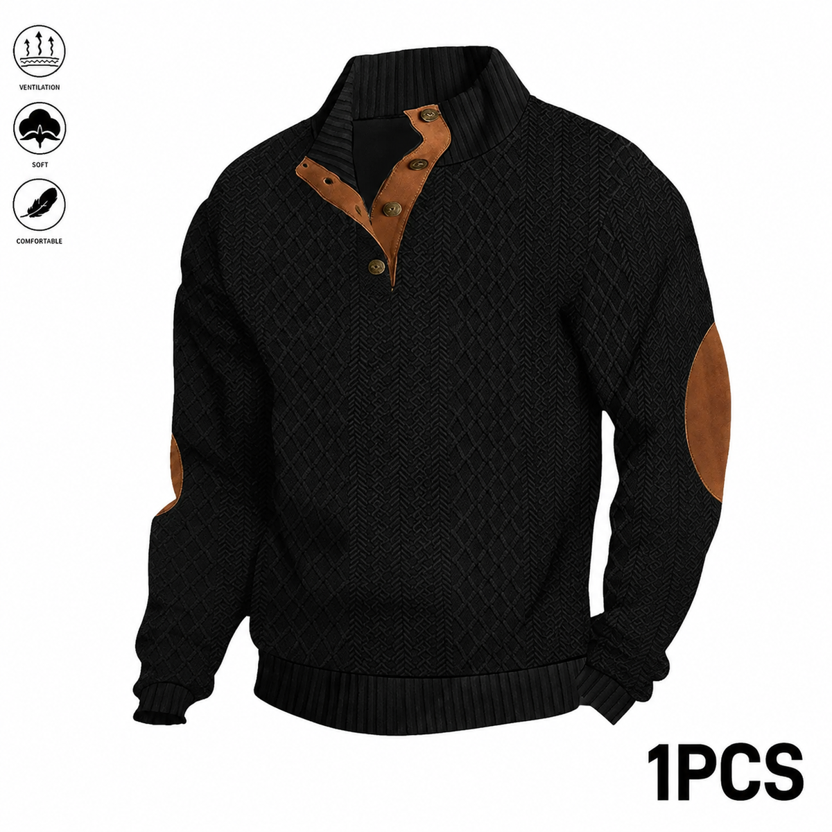 Men's Jacquard Stand Collar Long Sleeve Henley Tops 3-Pack