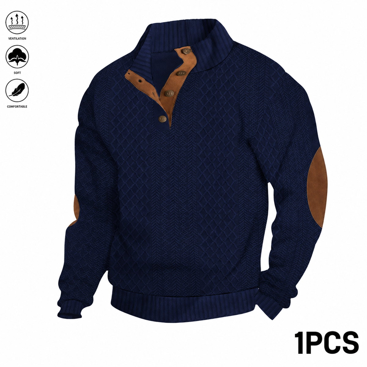 Men's Jacquard Stand Collar Long Sleeve Henley Tops 3-Pack