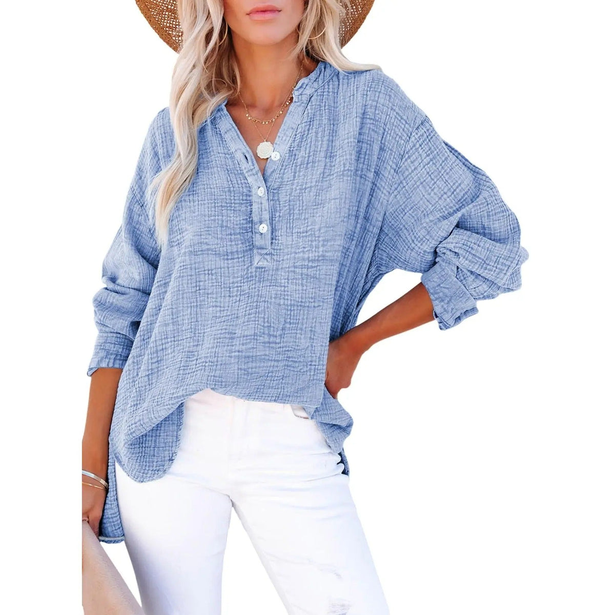 Flash Sale🔥 Women's Cotton V Neck Button Blouse Tops