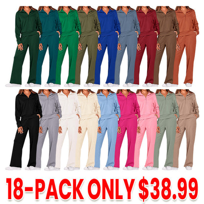 Women's 2 Piece Outfits Casual Lapel Half Zip Sweatshirts And Wide Leg Pants Tracksuit Sets