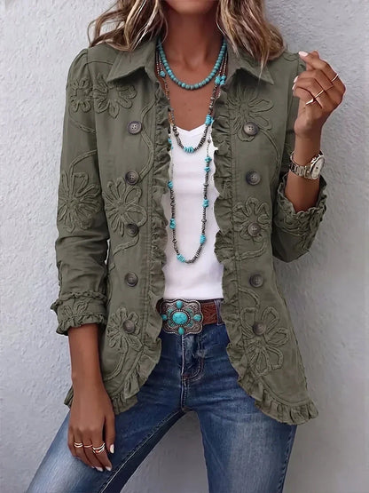Boho-Chic Floral Embroidered Utility Ruffled Trim Jacket