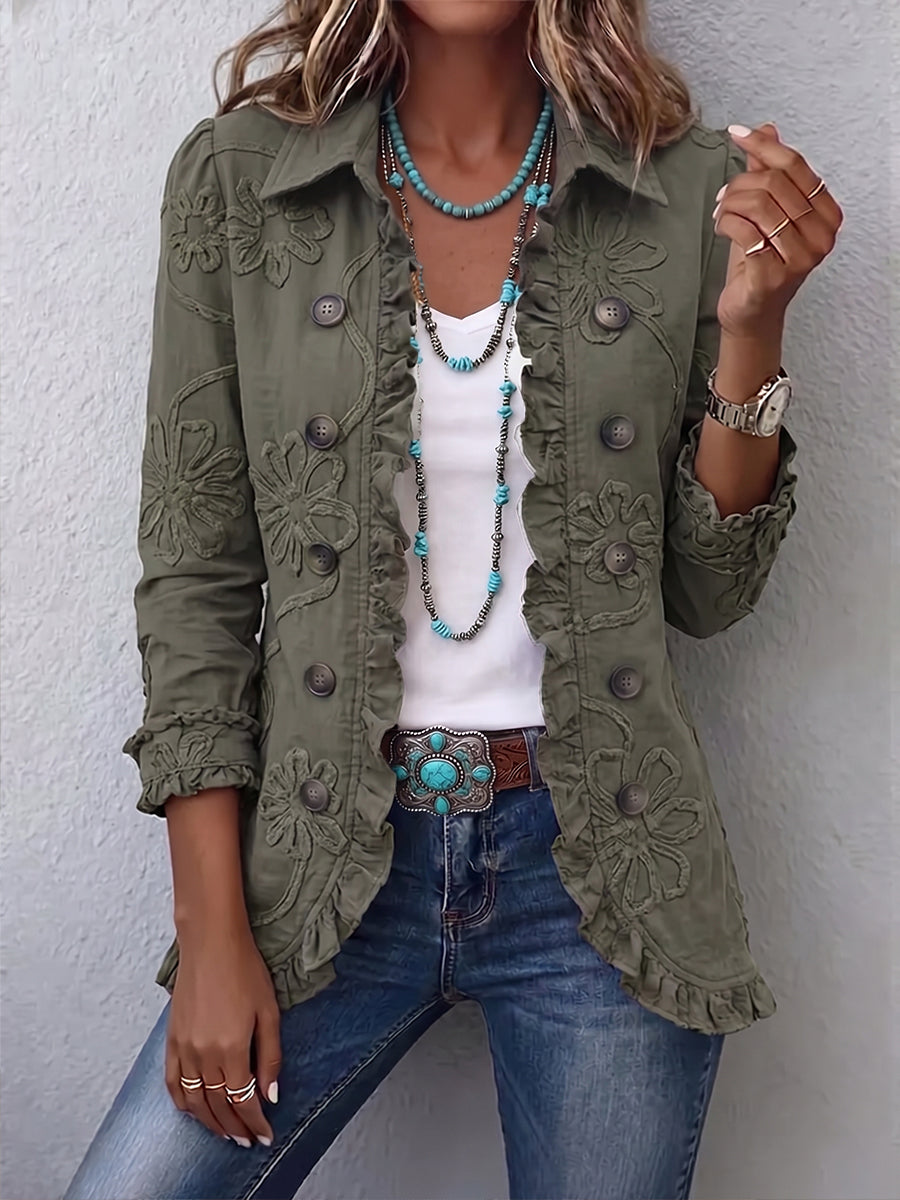 Boho-Chic Floral Embroidered Utility Ruffled Trim Jacket