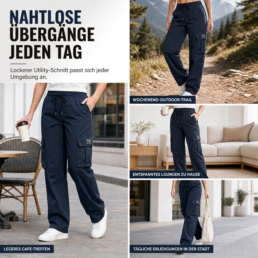 Damen-Cargohose mit lockerer Passform, geradem Bein, elastischem Bund mit Kordelzug und seitlichen Einschubtaschen