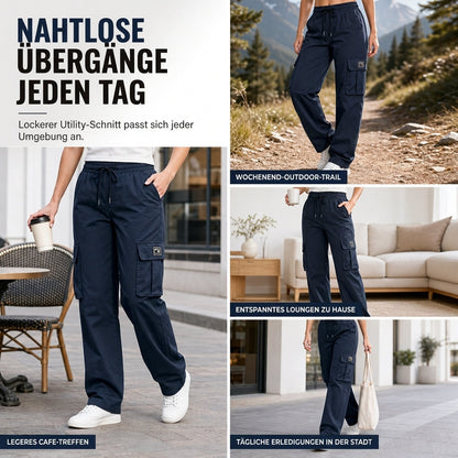 Damen-Cargohose mit lockerer Passform, geradem Bein, elastischem Bund mit Kordelzug und seitlichen Einschubtaschen