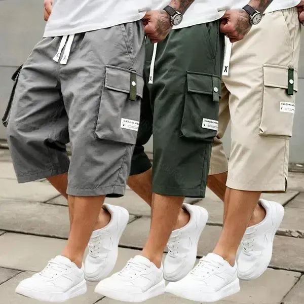 Men's Summer Casual Cargo Shorts - Elastic Drawstring Waist, Multiple Pockets & Letter Patch Design