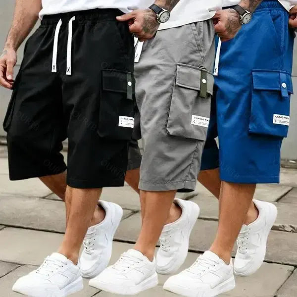 Men's Summer Casual Cargo Shorts - Elastic Drawstring Waist, Multiple Pockets & Letter Patch Design