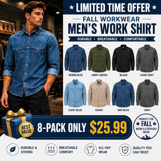 ✨Hot Sale✨Men's Long Sleeve Stone-Washed and Pre-Washed Denim Work Shirt