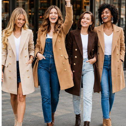 Klassischer Damen-Wollmix-Mantel mit doppelter Knopfreihe & Midilänge